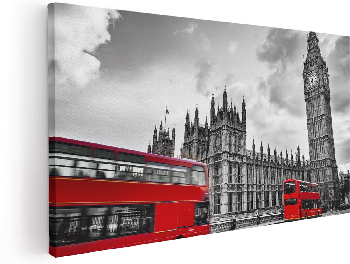 Artaza Canvas Schilderij Rode Bussen in Londen - Retro - 140x70 cm - Groot - Wanddecoratie Woonkamer - Schilderijen - Muurdecoratie