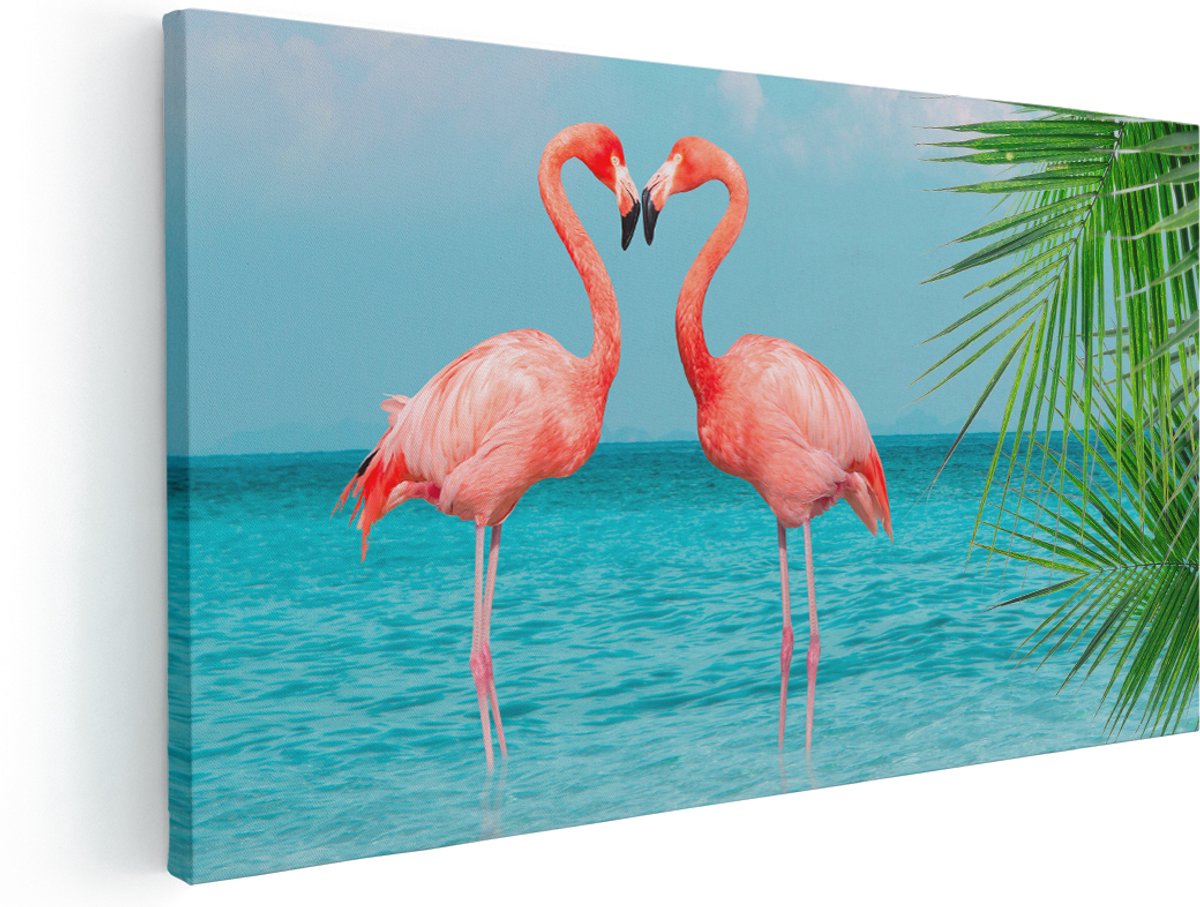 Artaza Canvas Schilderij Twee Flamingo's in een Hart Vorm in het Water - 140x70 cm - Groot - Wanddecoratie Woonkamer - Schilderijen - Muurdecoratie