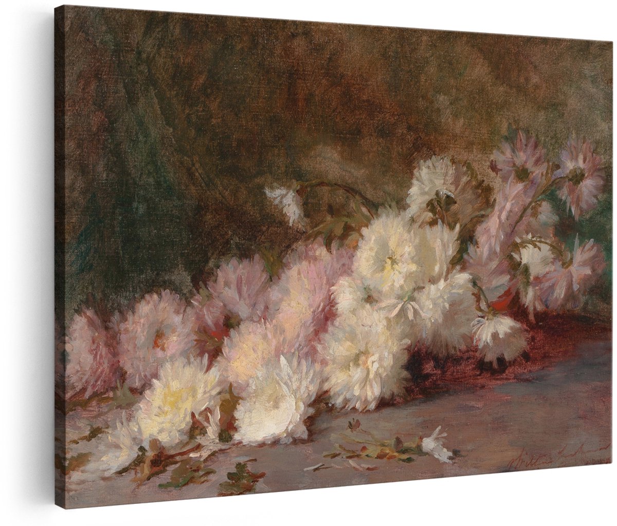 Artaza Canvas Schilderij Bloemen Stilleven - 150x100 cm - Groot - Wanddecoratie Chrysanten - Muurdecoratie Vintage Schilderij - Schilderijen Op Canvas Romantisch - Roze