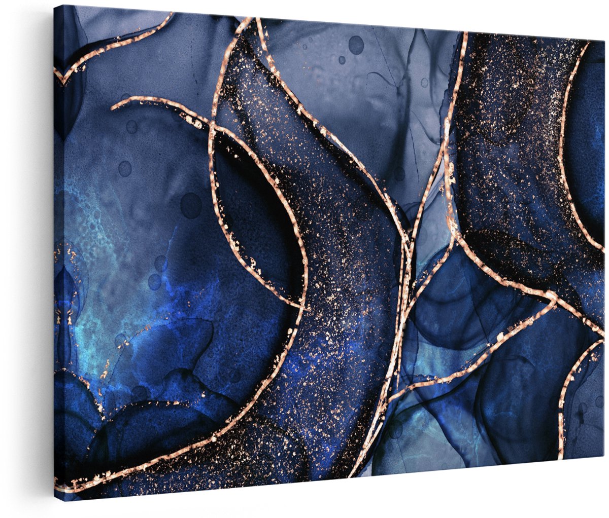Artaza Canvas Schilderij Abstracte Kunst - Blauwe Marmer met Gouden Patronen - 150x100 cm - Groot - Wanddecoratie Woonkamer - Schilderijen - Muurdecoratie