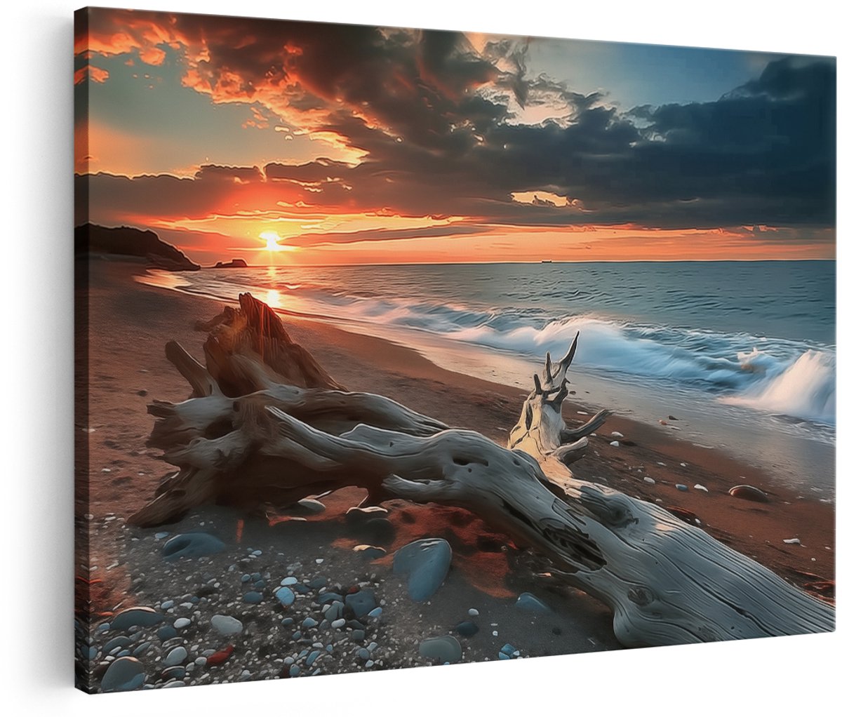 Artaza Canvas Schilderij Drijf Hout op een Strand bij Zonsondergang - 150x100 cm - Groot - Wanddecoratie Woonkamer - Schilderijen - Muurdecoratie