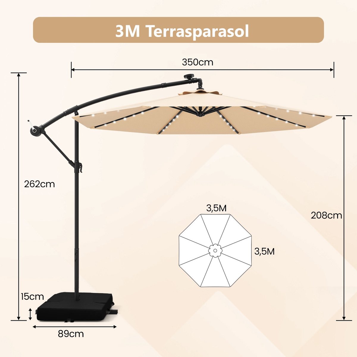 SureDeal® - Parasol - Paraplu - LED lampjes Zonne - Bescherming - 350x350x262 cm - Beige