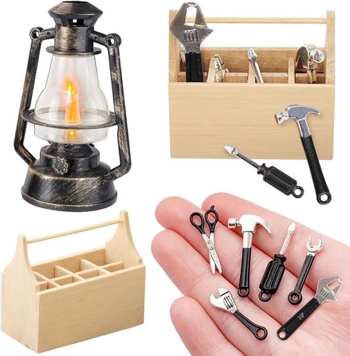 Miniatuur Gereedschapset en Accessoires voor Poppenhuis 1:12 - Houten Gereedschapskist, OlieLamp en meer