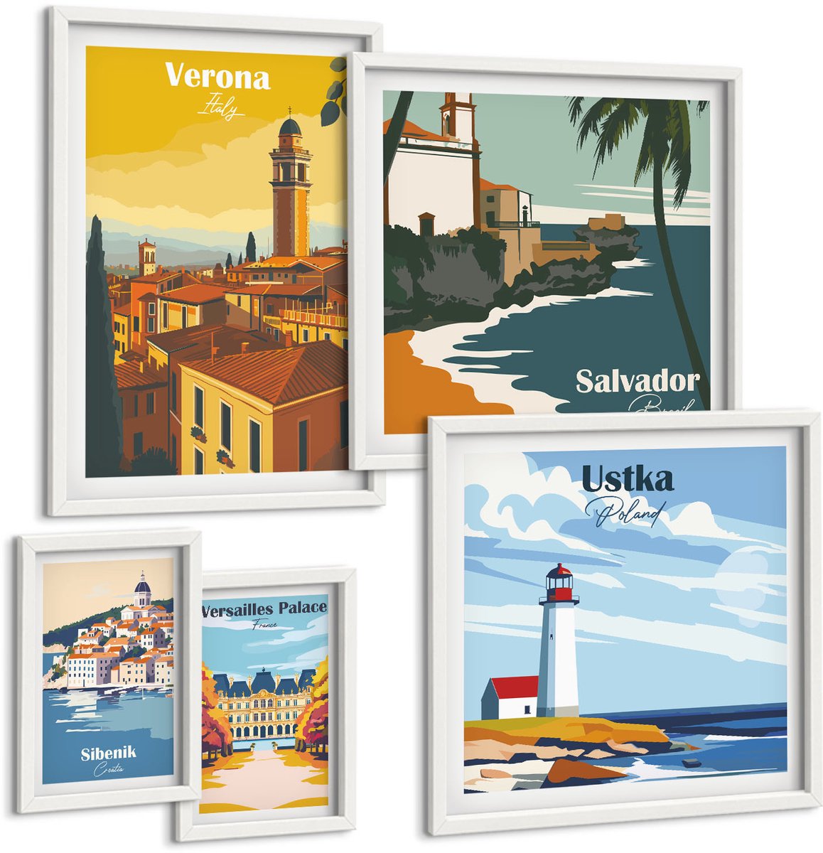 Wallfluent 5-Delige Schilderij Set - Landschappen Van Europese Steden Met Vuurtorens En Paleizen - 50 x 50 cm, 20 x 30 cm En 40 x 60 cm - Muurdecoratie - Decoratieve Schilderijen - Wohnzimmer - Moderne Wanddecoratie