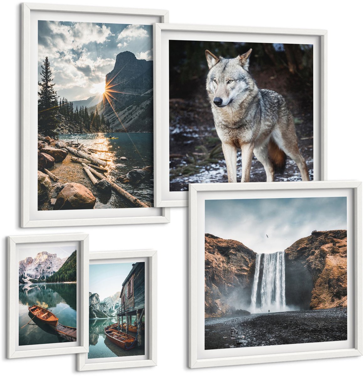 Wallfluent 5-Delige Schilderij Set - Natuurlandschappen Met Wilde Dieren En Watervallen - 50 x 50 cm, 20 x 30 cm En 40 x 60 cm - Wanddecoratie - Woonkamer Decoratie - Stijlvolle Muurdecoratie