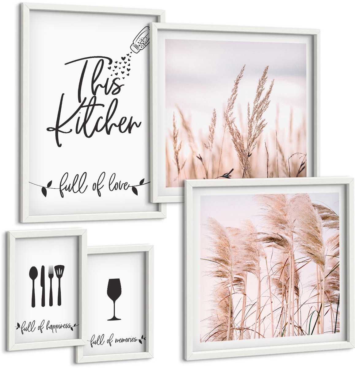 Wallfluent 5-Delige Schilderij Set - Keukeninspiratie In Boho-Stijl Met Een Passie Voor Koken - 50 x 50 cm, 20 x 30 cm En 40 x 60 cm - Decoratieve Schilderijen - Woonkamer - Interieur - Stijlvolle Muurdecoratie