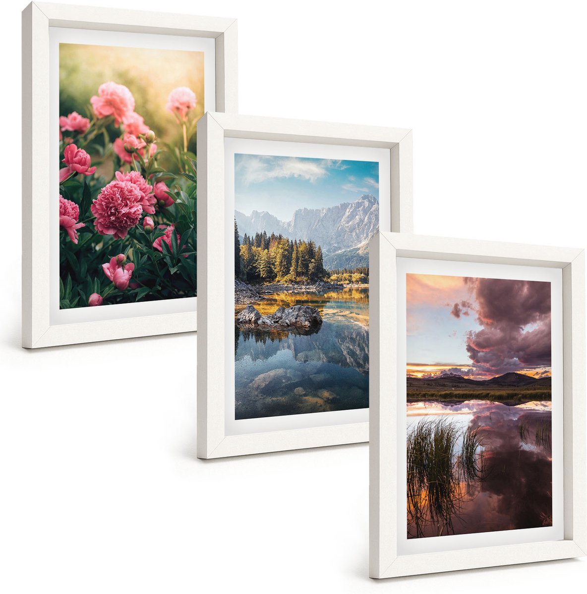 Wallfluent 3-Delige Schilderij Set - Bloemen In De Tuin, Bergen En Een Kalm Wateroppervlak. - 20 x 30 - Moderne Wanddecoratie - Slaapkamer - Interieur Decoratie