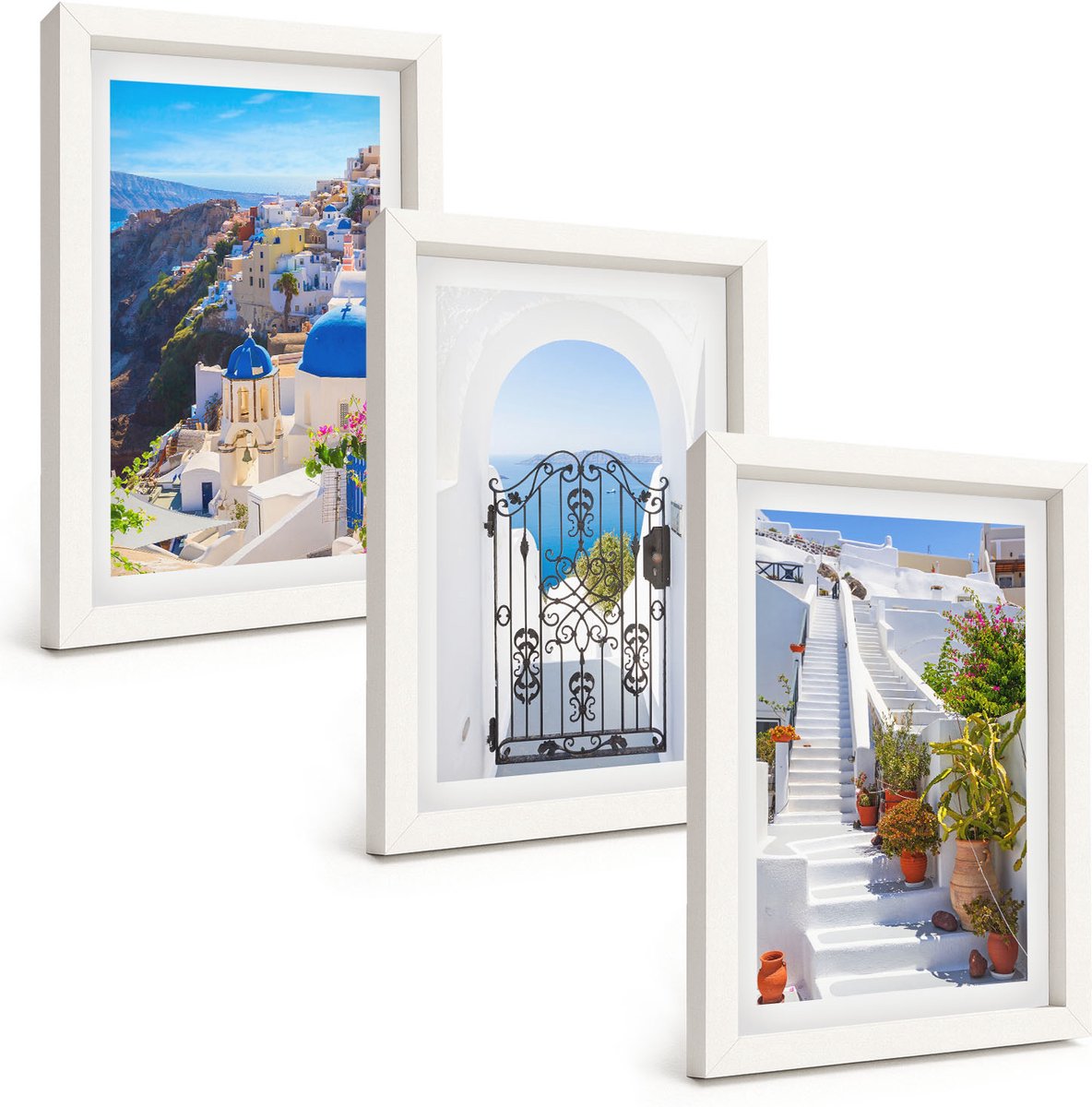Wallfluent 3-Delige Schilderij Set - Uitzichten Op Santorini En De Griekse Architectuur Van De Stad Oia. - 20 x 30 - Muurdecoratie - Wanddecoratie - Slaapkamer - Decoratieve Schilderijen