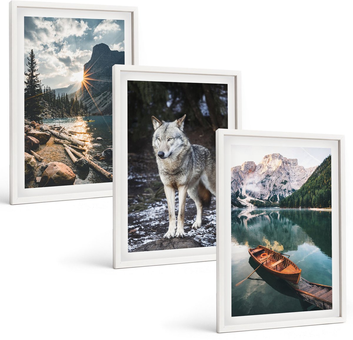 Wallfluent 3-Delige Schilderij Set - Bergen, Meren En Wolven In Hun Natuurlijke Omgeving - 40 x 60 - Wanddecoratie - Woonkamer Decoratie - Decoratieve Schilderijen