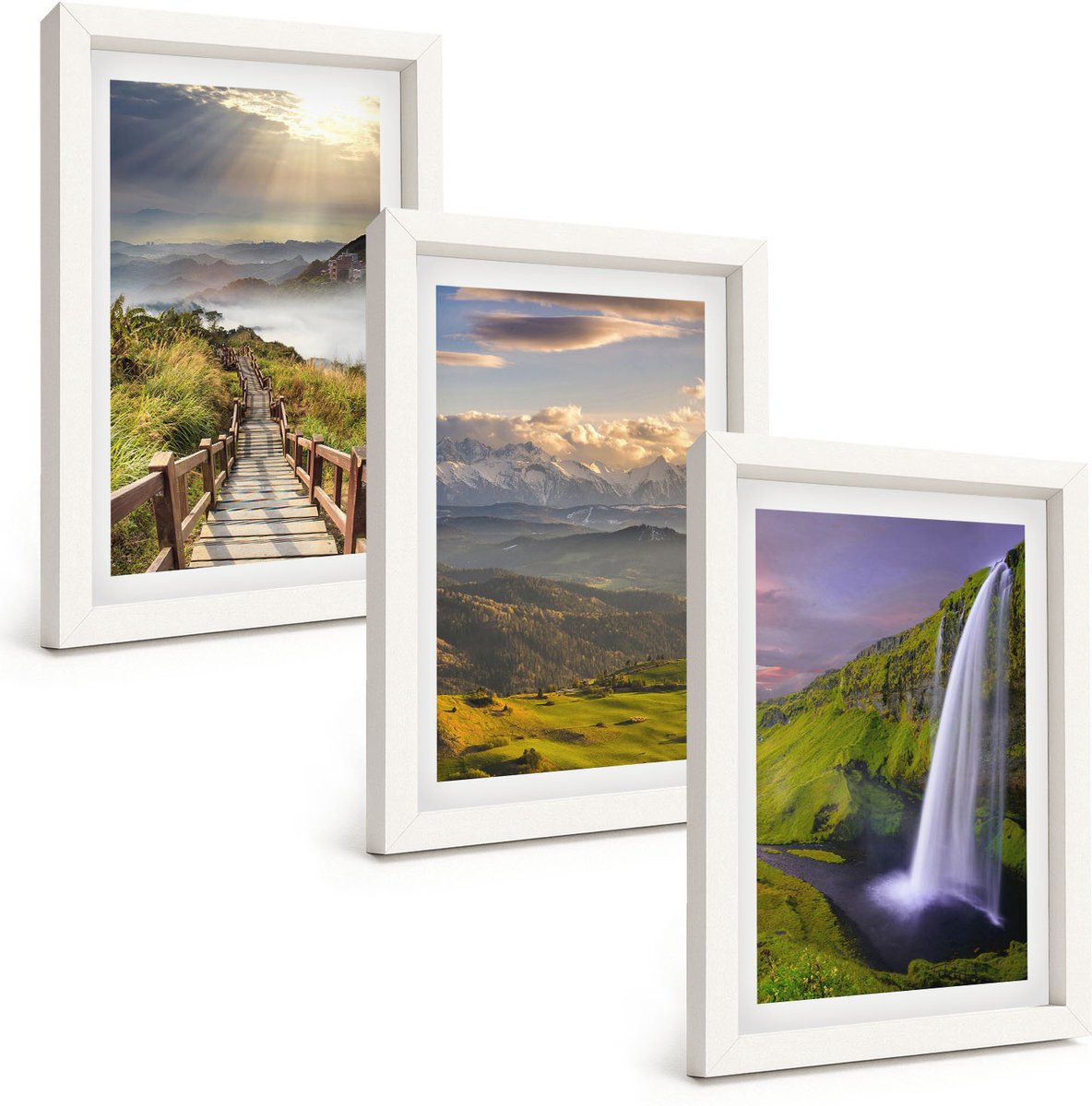 Wallfluent 3-Delige Schilderij Set - Schilderachtige Berglandschappen Met Een Waterval En Een Pad. - 20 x 30 - Wanddecoratie - Woonkamer Decoratie - Interieur Decoratie