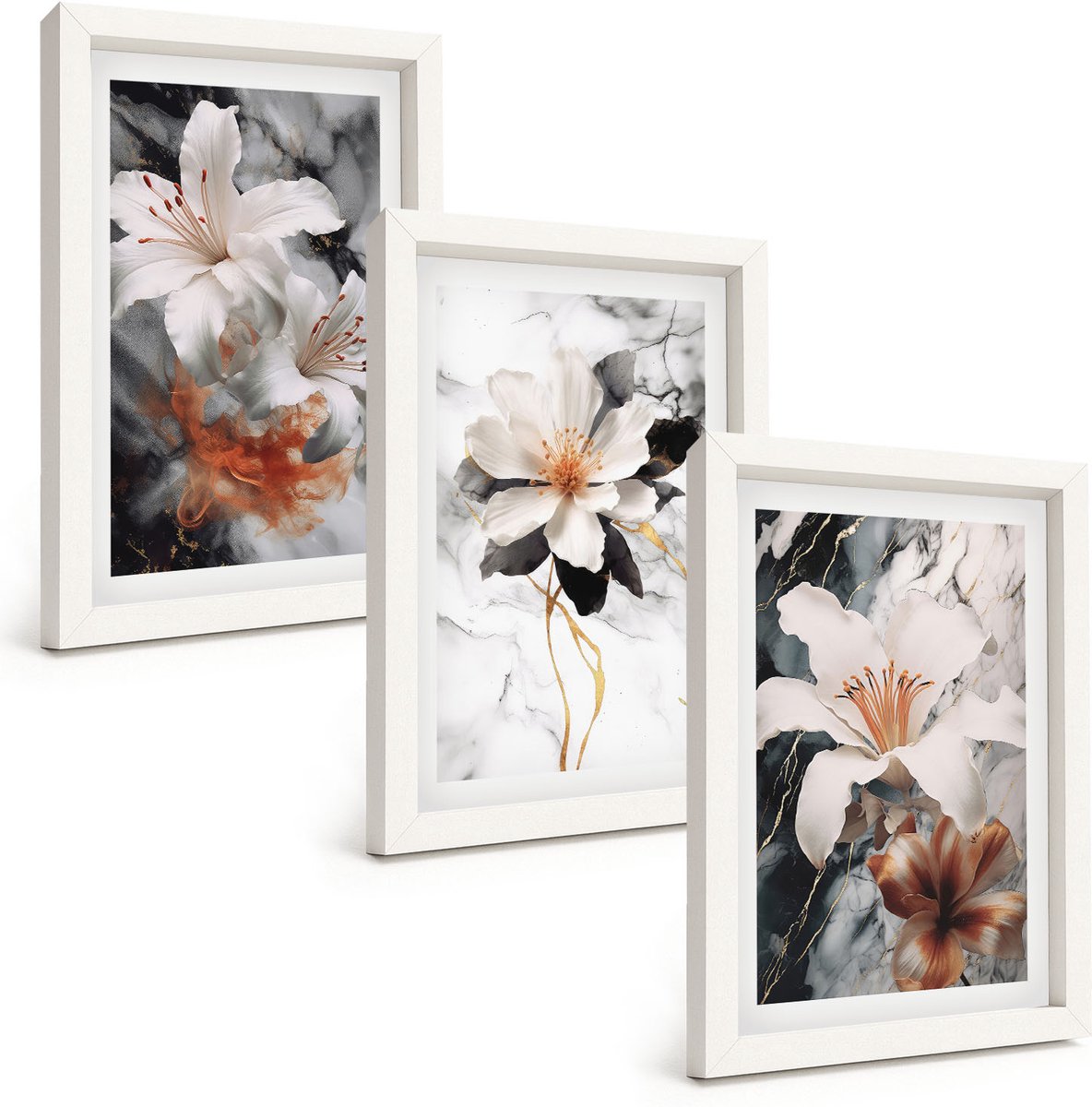 Wallfluent 3-Delige Schilderij Set - Bloemen Op Een Marmeren Achtergrond In Wit- En Zwarttinten. - 20 x 30 - Muurdecoratie - Interieur Decoratie - Woonkamer Decoratie