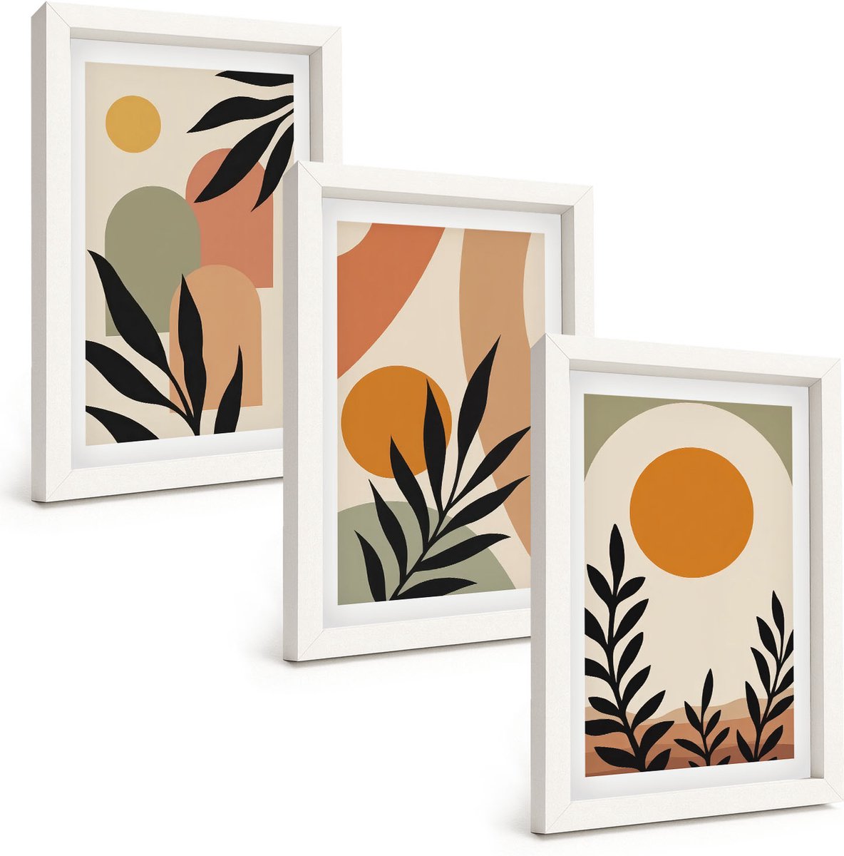 Wallfluent 3-Delige Schilderij Set - Abstracte Vormen En Plantmotieven In Warme Kleuren. - 20 x 30 - Wanddecoratie - Schilderijen Set - Kantoor - Woonkamer Decoratie