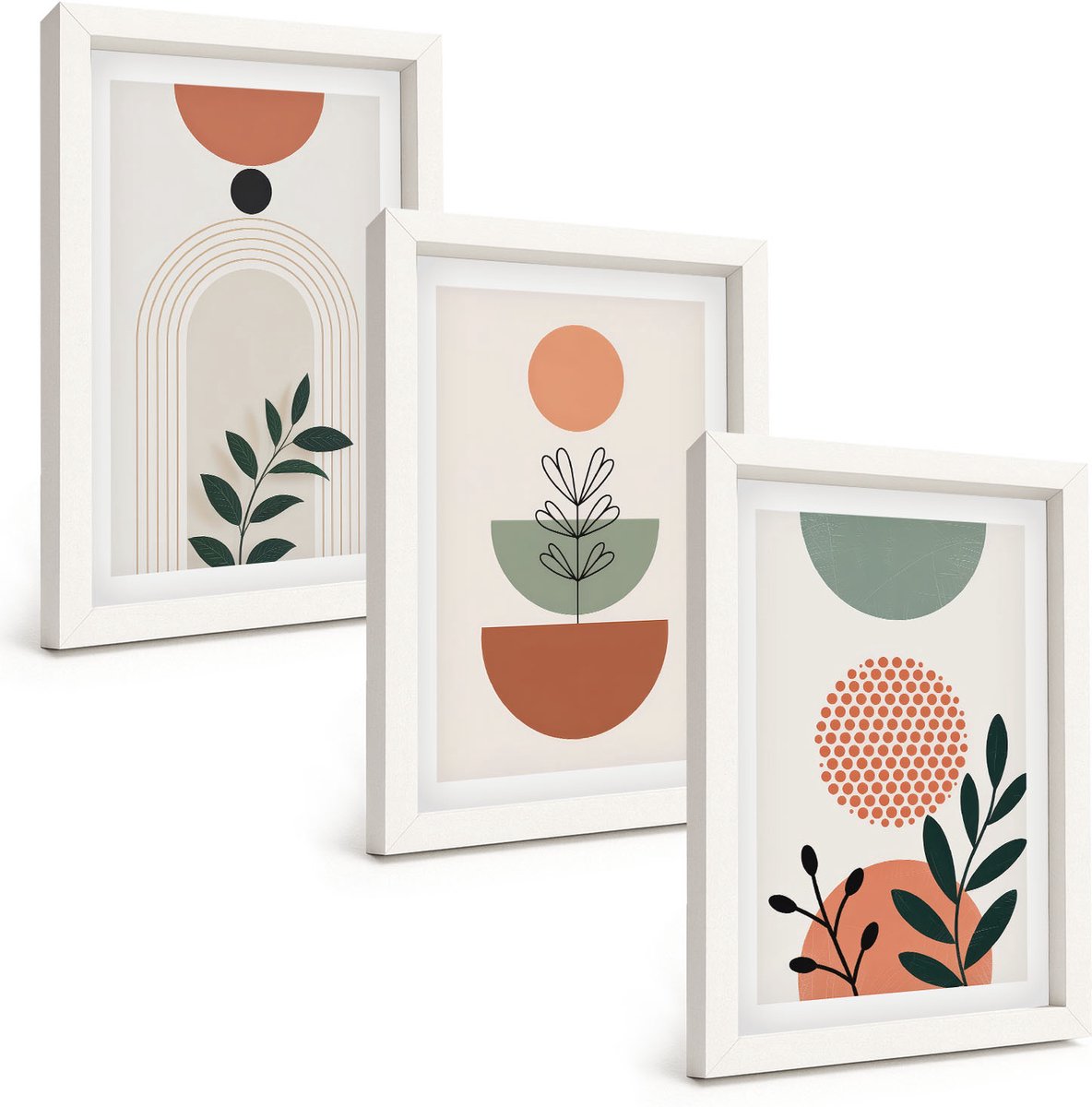 Wallfluent 3-Delige Schilderij Set - Plantmotieven In Moderne Vormen En Kleuren - 20 x 30 - Stijlvolle Muurdecoratie - Slaapkamer