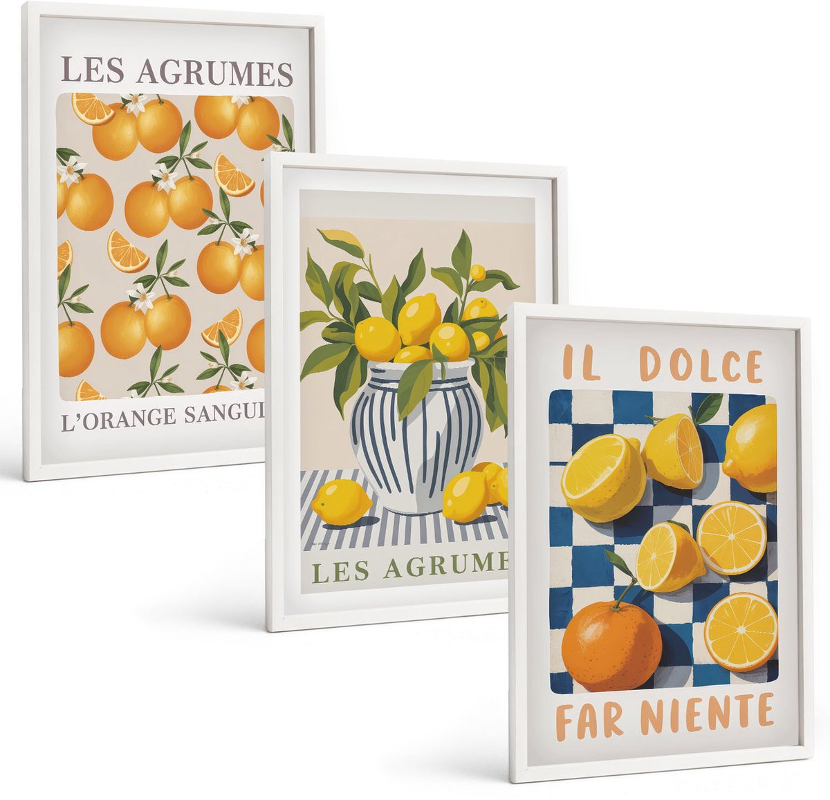 Wallfluent 3-Delige Schilderij Set - Retro Citrusvruchten Met Gele Accenten - 40 x 60 - Wanddecoratie - Muurdecoratie - Woonkamer - Stijlvolle Muurdecoratie