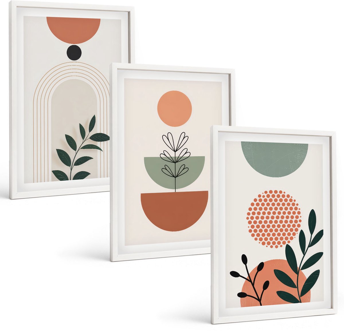 Wallfluent 3-Delige Schilderij Set - Plantmotieven In Moderne Vormen En Kleuren - 40 x 60 - Muurdecoratie - Schilderijen Set - Woonkamer