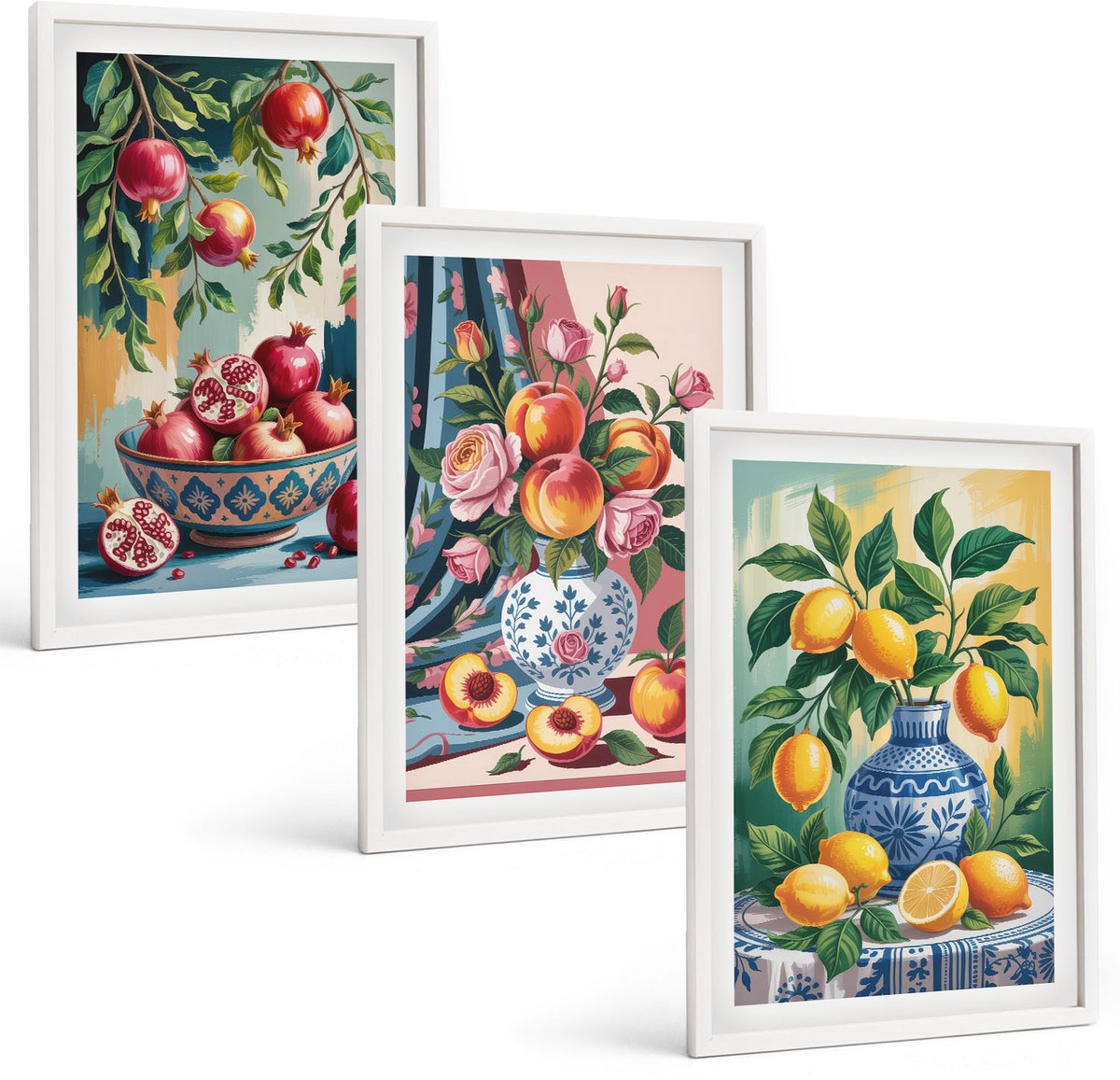 Wallfluent 3-Delige Schilderij Set - Geschilderde Bloemen En Fruit In Vazen - 40 x 60 - Wanddecoratie - Moderne Interieurdecoratie - Muurdecoratie