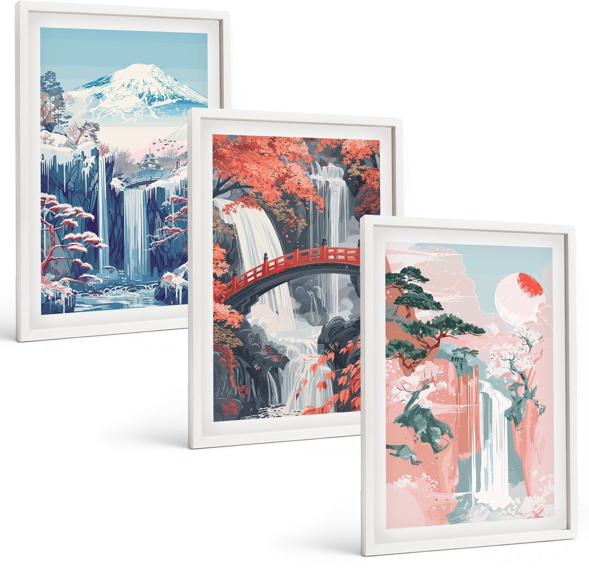 Wallfluent 3-Delige Schilderij Set - Watervallen, Bergen Met Een Brug En Bloeiende Bomen - 40 x 60 - Decoratieve Schilderijen - Woonkamer - Interieur - Interieur Decoratie