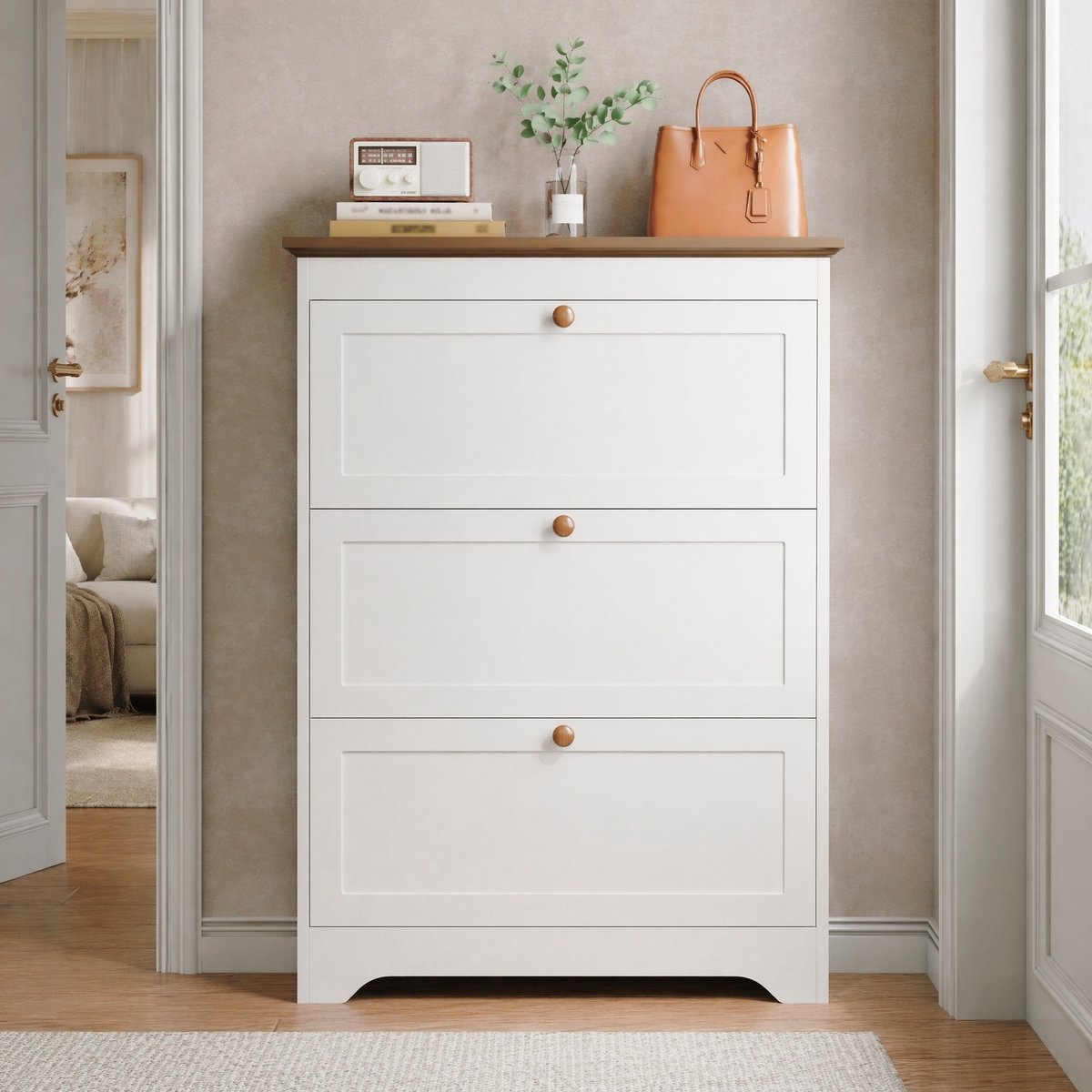 REDOM - Schoenenkast - 3 klappen - Soft-close - Smal staand rek - Franse stijl - Entree, hal of balkon - MDF - Wit - 87 x 26 x 120 cm