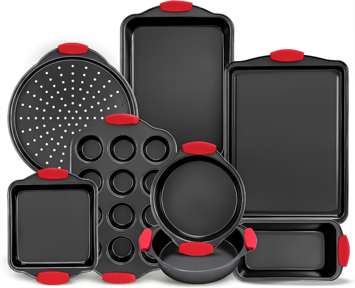 KIRA® Bakvormenset - Antiaanbak Bakvormen Set - Bakvormen Set - 8-delige Anti-aanbak Koolstofstalen Bakvormset - Zwart - 18cm x 12xm 1cm