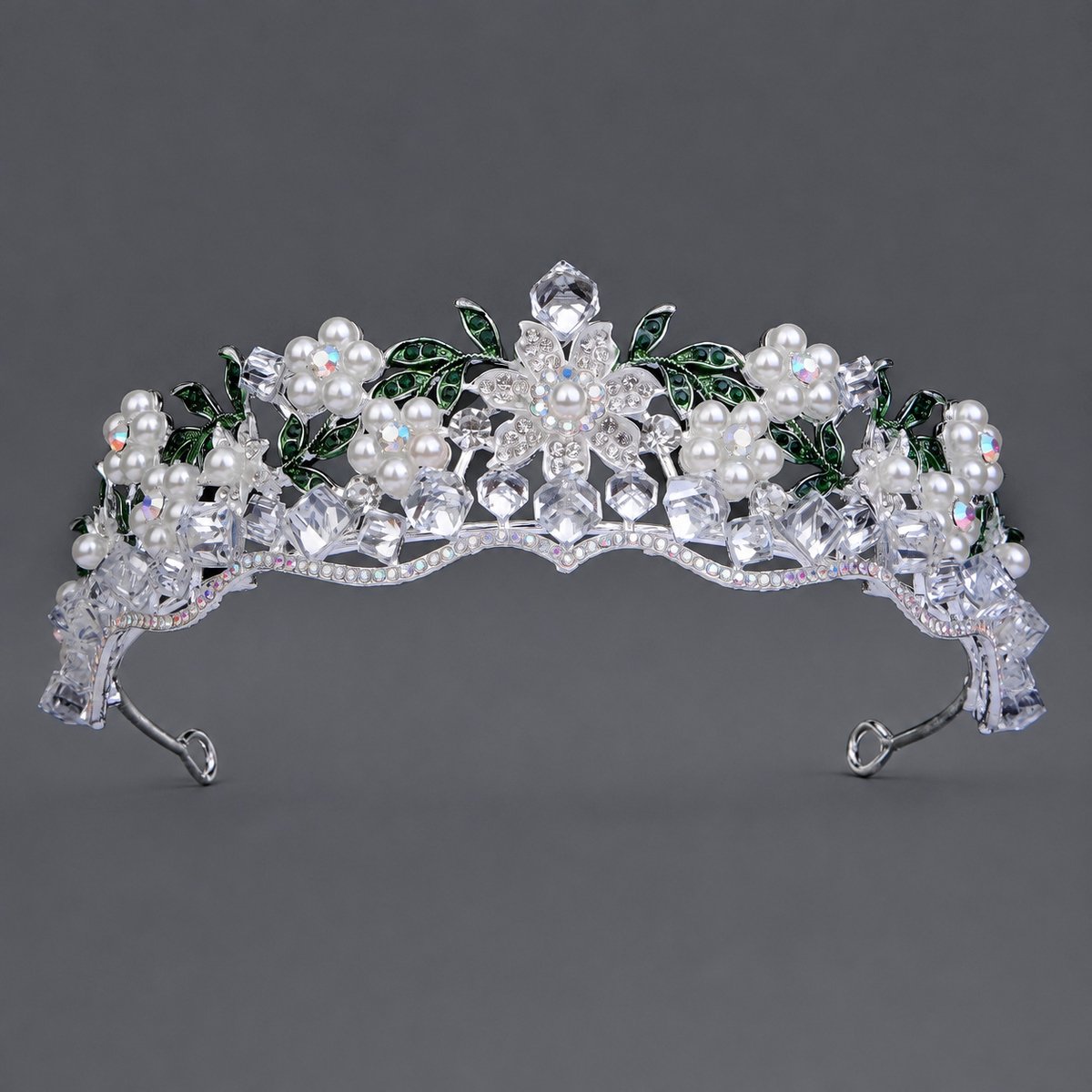 Retro Bloemen Tiara, Luxueuze Strass‑Kroon, Haaraccessoire voor Bruiloft, Verjaardag en Gala，Zilveren transparante kristalkroon TS-J3262S