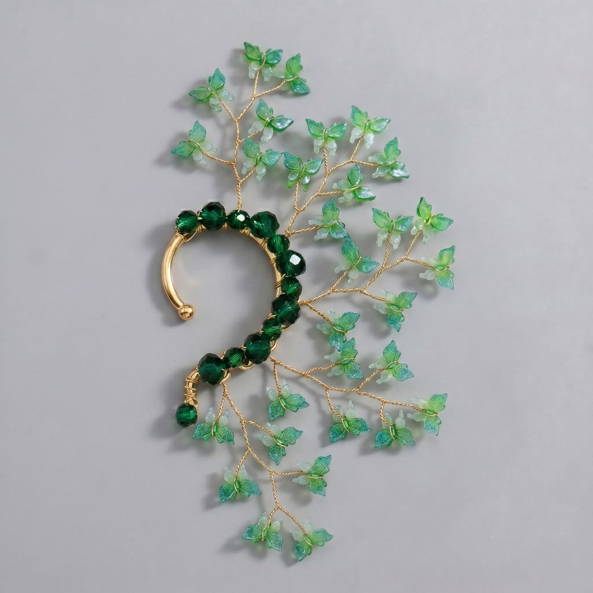 Elfen Oor Cuff, Handgemaakte Bloem Blad Oorversiering, Zonder piercing oorhaak voor bruiloft en fotoshoot，Groene bosfee-oorbelhaakjes