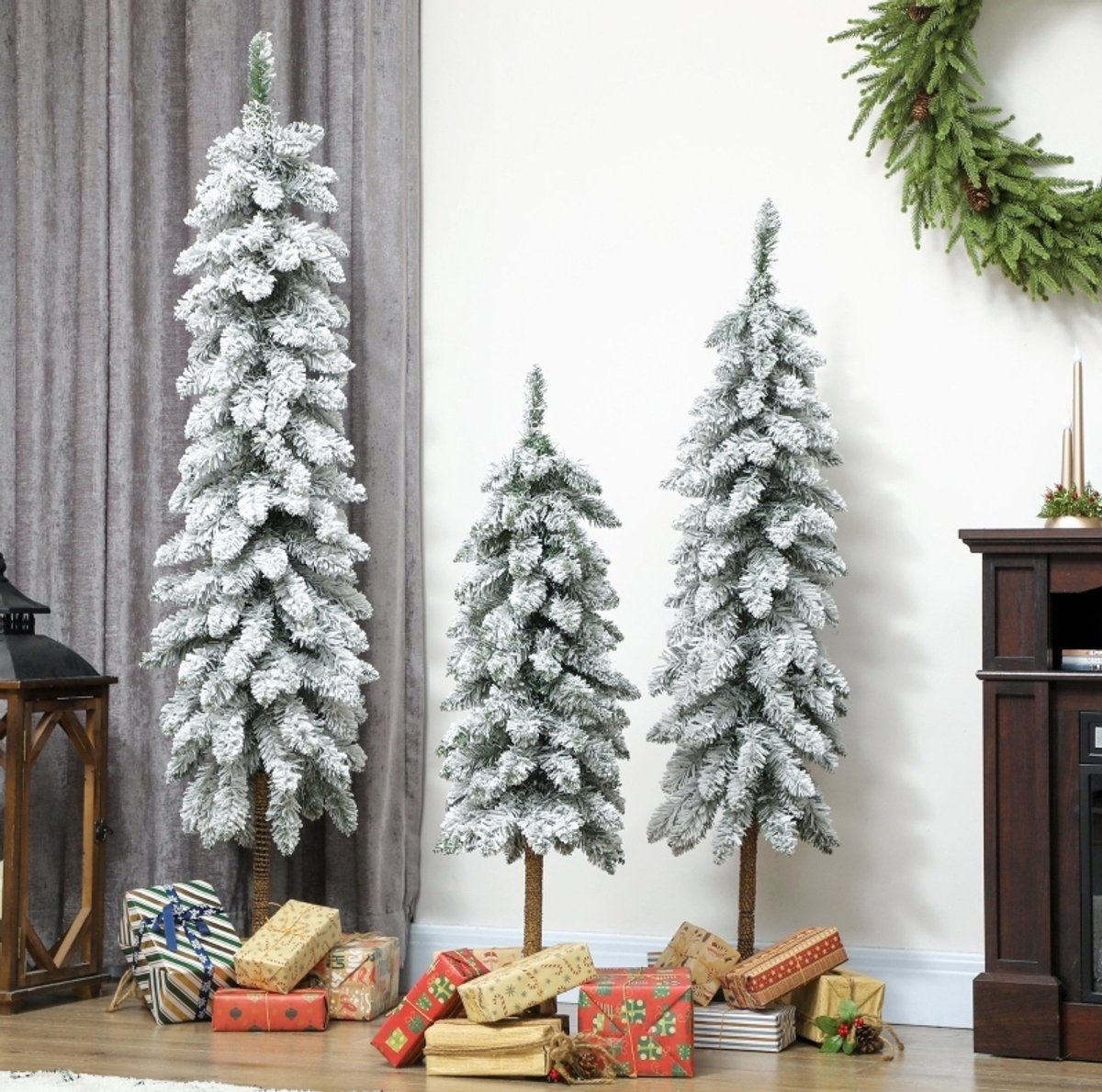 COVREO Kunstkerstboom set 90 120 150 cm groen wit plastic - besneeuwd - 3 maten - vlamvertragend - voor binnen