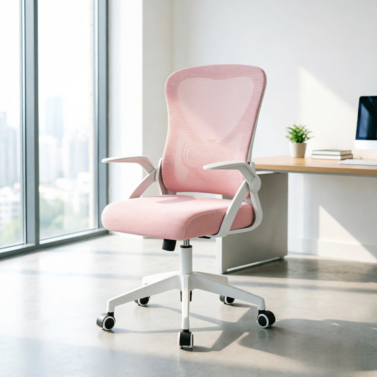DESMIU Bureaustoel Roze Netstof - Ergonomische Draaistoel Met Klaparmleuningen En Wielen - Voor Werkplek En Thuis - Metaal Kunststof