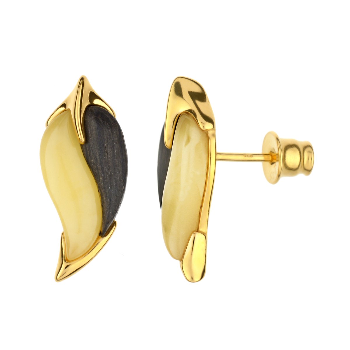 Cavill - Oorbellen 925 Sterling Zilver Verguld - 1,4 ct Baltische Barnsteen & 0,7 ct Moeraseikenhout - Elegant, Handgemaakt, 20 mm