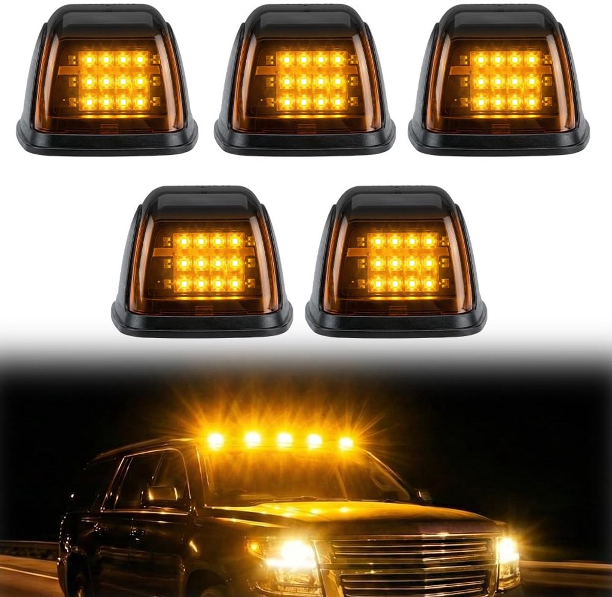 5-delige set op zonne-energie werkende cabineverlichting Geschikt voor vrachtwagens, draadloze, boorvrije LED-markeringslamp met trillingssensor, waterdichte hoofdruimteverlichting Geschikt voor opleggers en pick-up trucks (geel).