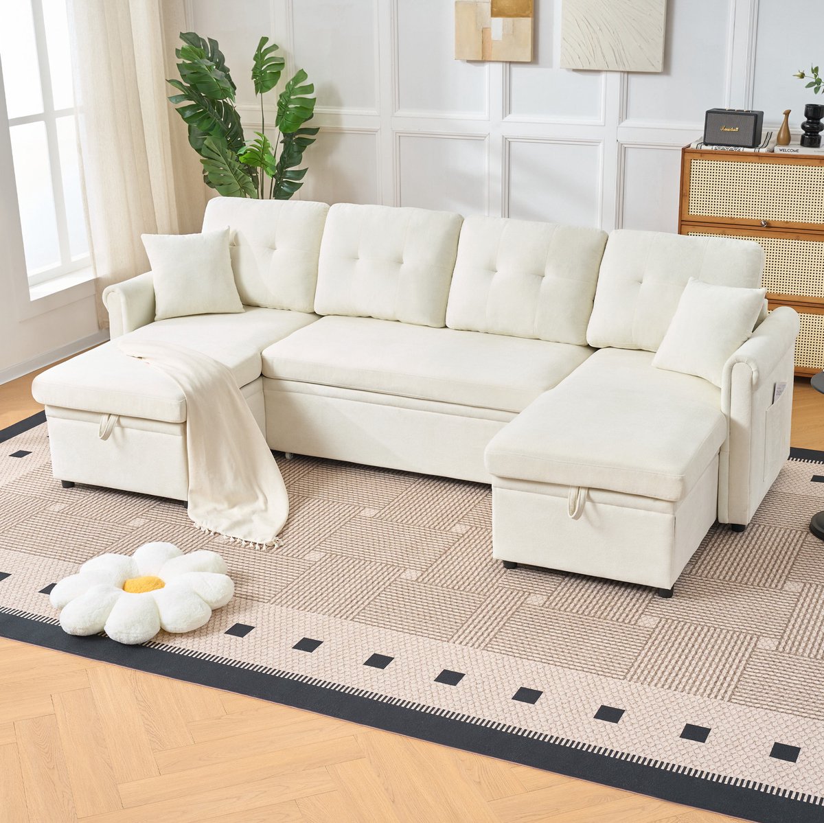 MODENUIT U-bank 266 cm - Slaapfunctie en Opbergruimte - Woonkamer En Gastenkamer - Chenille - Beige