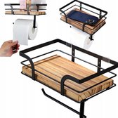 Zwarte wandrek met houten plank en toiletrolhouder. Inclusief telefoon, toiletrol en diffuser.
