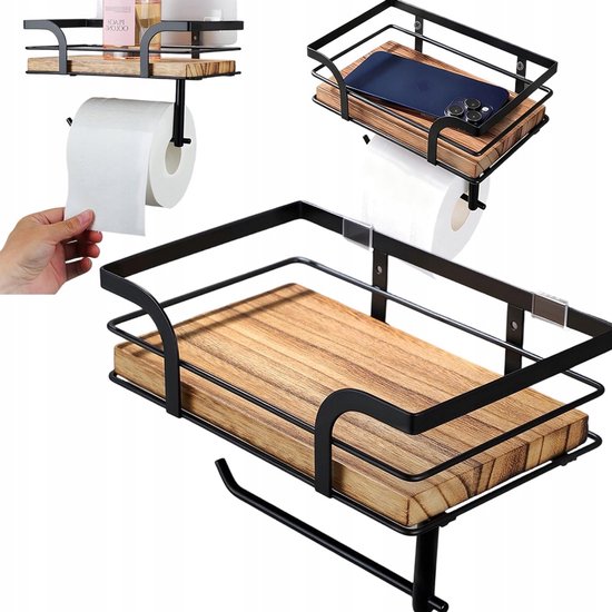 Zwarte wandrek met houten plank en toiletrolhouder. Inclusief telefoon, toiletrol en diffuser.