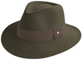 Olijfgroene vilten fedora met donkerbruine band.