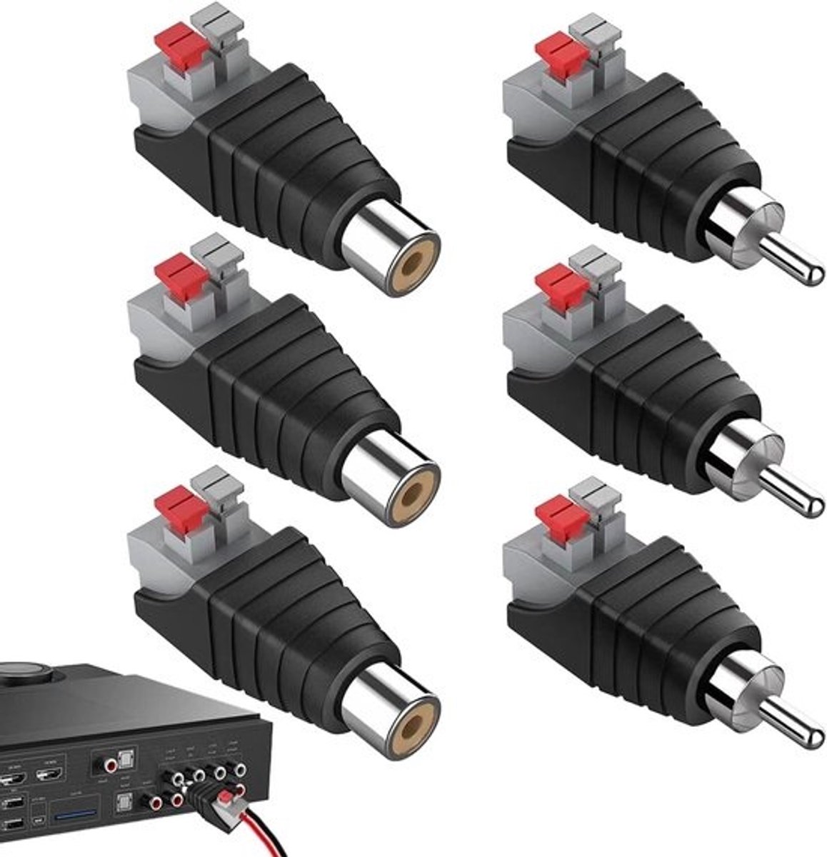 RCA Stekkers - Audio Adapters - Soldeerloze Verbinding - Universele Compatibiliteit - 6 Stuks - Zwart