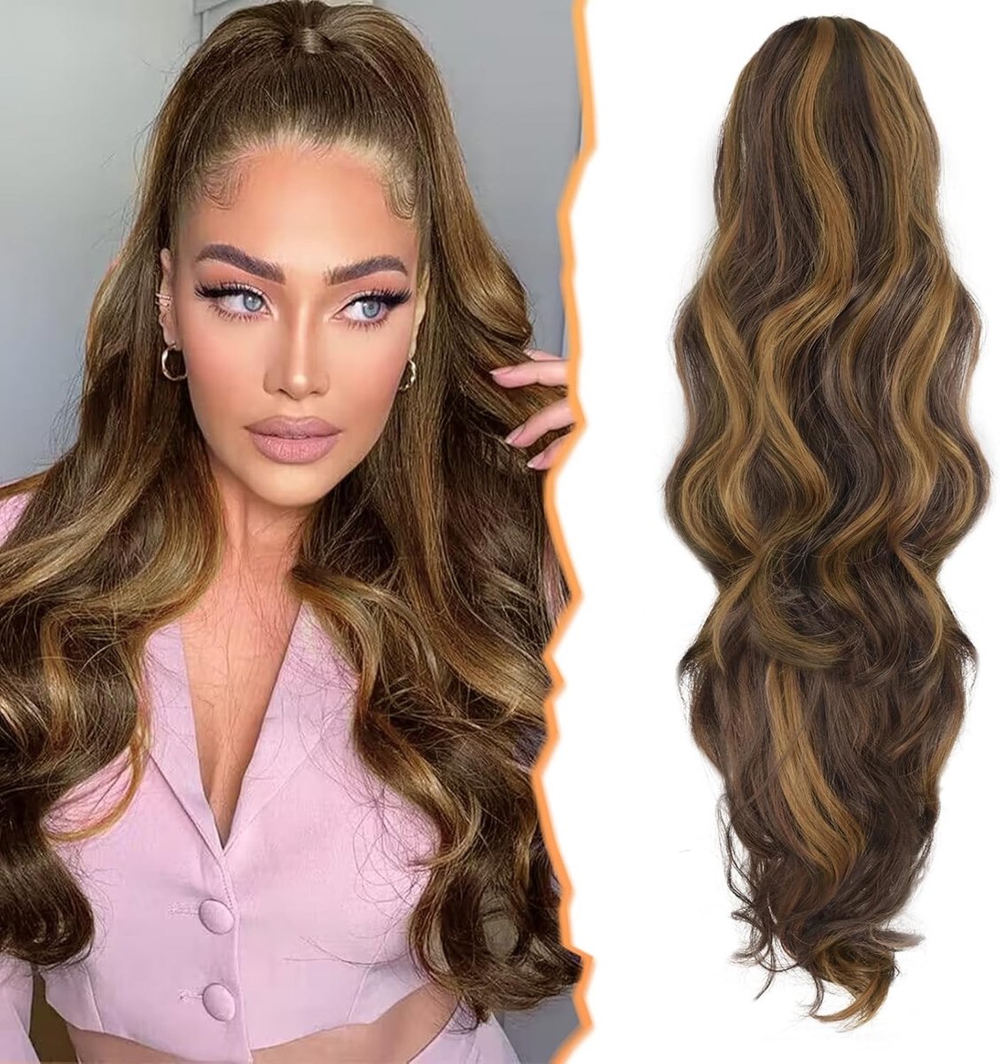 Ponytail Extension met Claw Clip, 50 cm, Golvende Highlights, Synthetisch Haar voor Dagelijks Gebruik in Bruin en Maroon, Perfect voor Feestjes en Casual Stijl