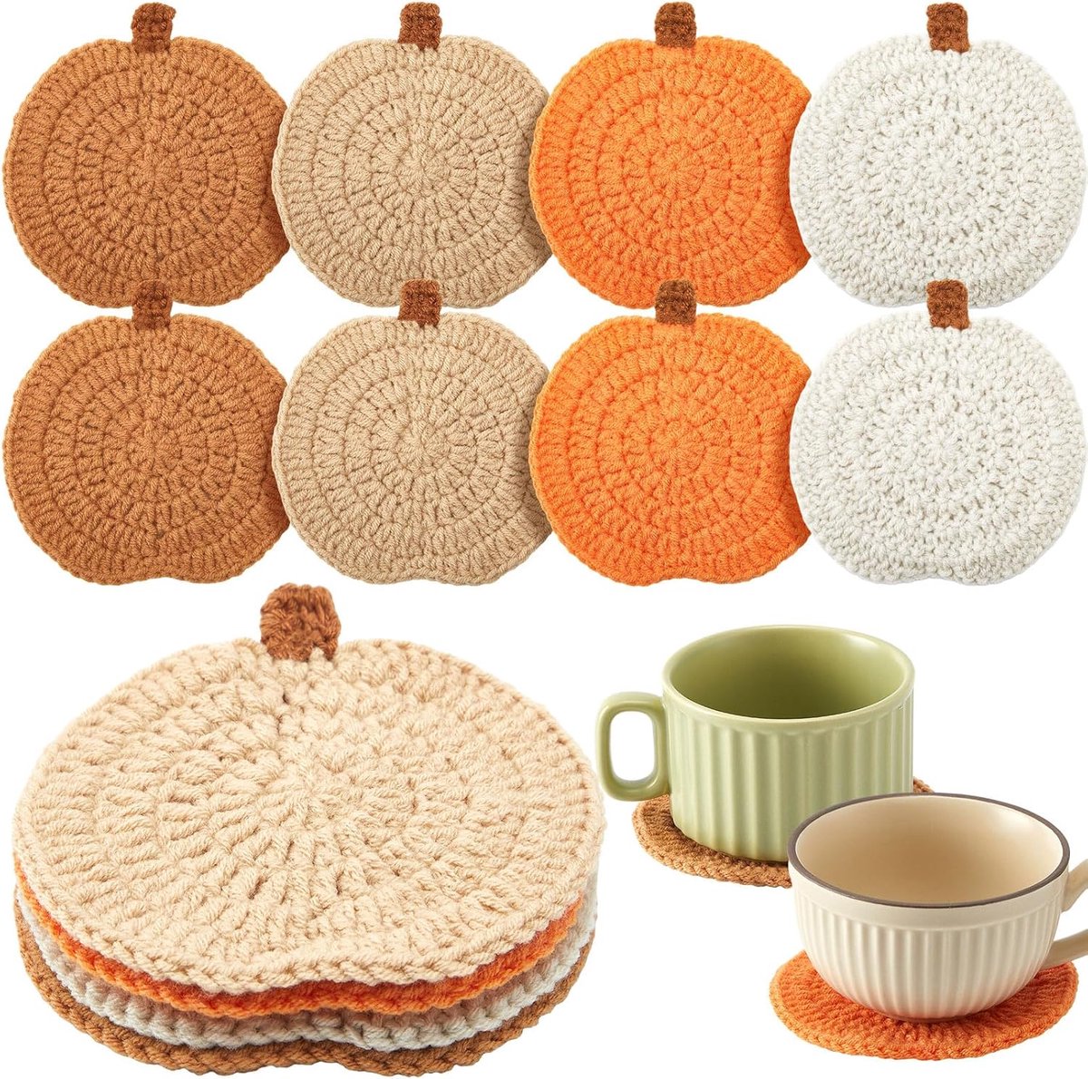 8 stuks-Onderzetter - Pompoenonderzetter - Handgehaakt - Hittebestendige onderzetter - Halloween decoratie - Tafeldecoratie - Geschikt voor Halloween - Dagelijks gebruik - Wit - Khaki - Oranje - Bruin - 10 cm