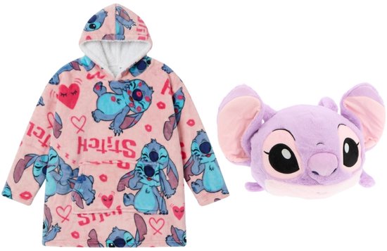 Roze hoodie deken met Stitch-print, hartjes en kussen.