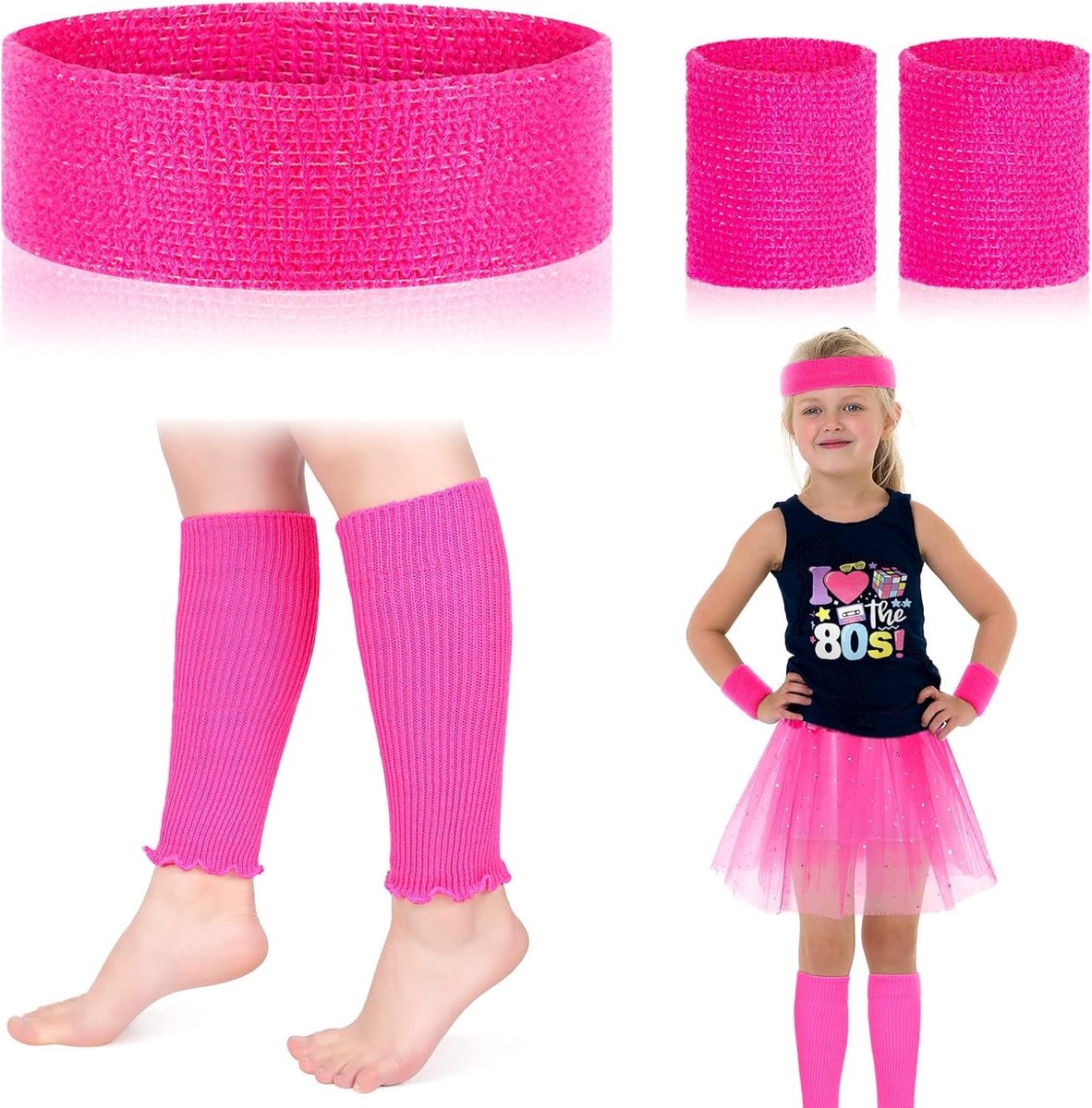 80er jaren meisjes verkleedset met legwarmers in roze en rozerood voor kinderen