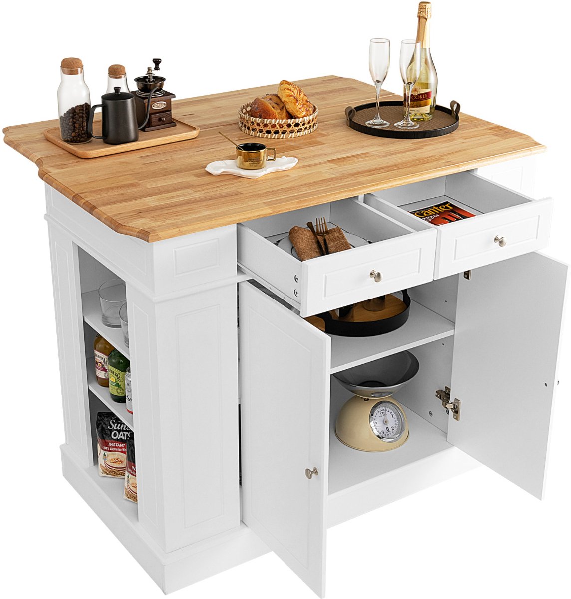 SureDeal® - Keukentrolley - Keukeneiland Rubberhout Keukenkast - Uittrekbaar Werkblad Kookeiland - 120x61x92 cm - Wit