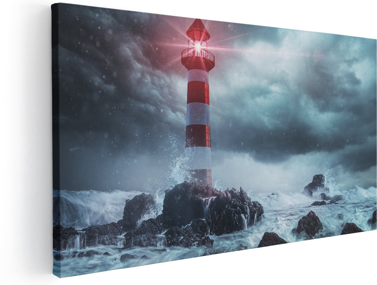Artaza Canvas Schilderij Vuurtoren tijdens een Storm - 180x90 cm - Groot - Wanddecoratie Woonkamer - Schilderijen - Muurdecoratie