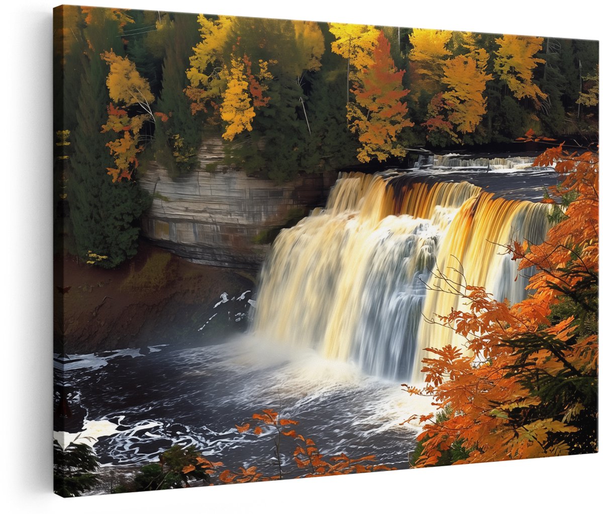 Artaza Canvas Schilderij Waterval met Herfst Bladeren - 180x120 cm - Groot - Wanddecoratie Woonkamer - Schilderijen - Muurdecoratie