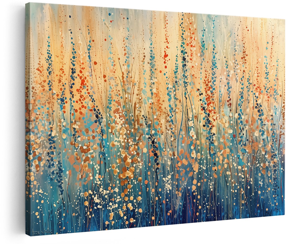 Artaza Canvas Schilderij Abstract Veld met Blauwe en Oranje Bloemen - Bloemen - 180x120 cm - Groot - Wanddecoratie Woonkamer - Schilderijen - Muurdecoratie