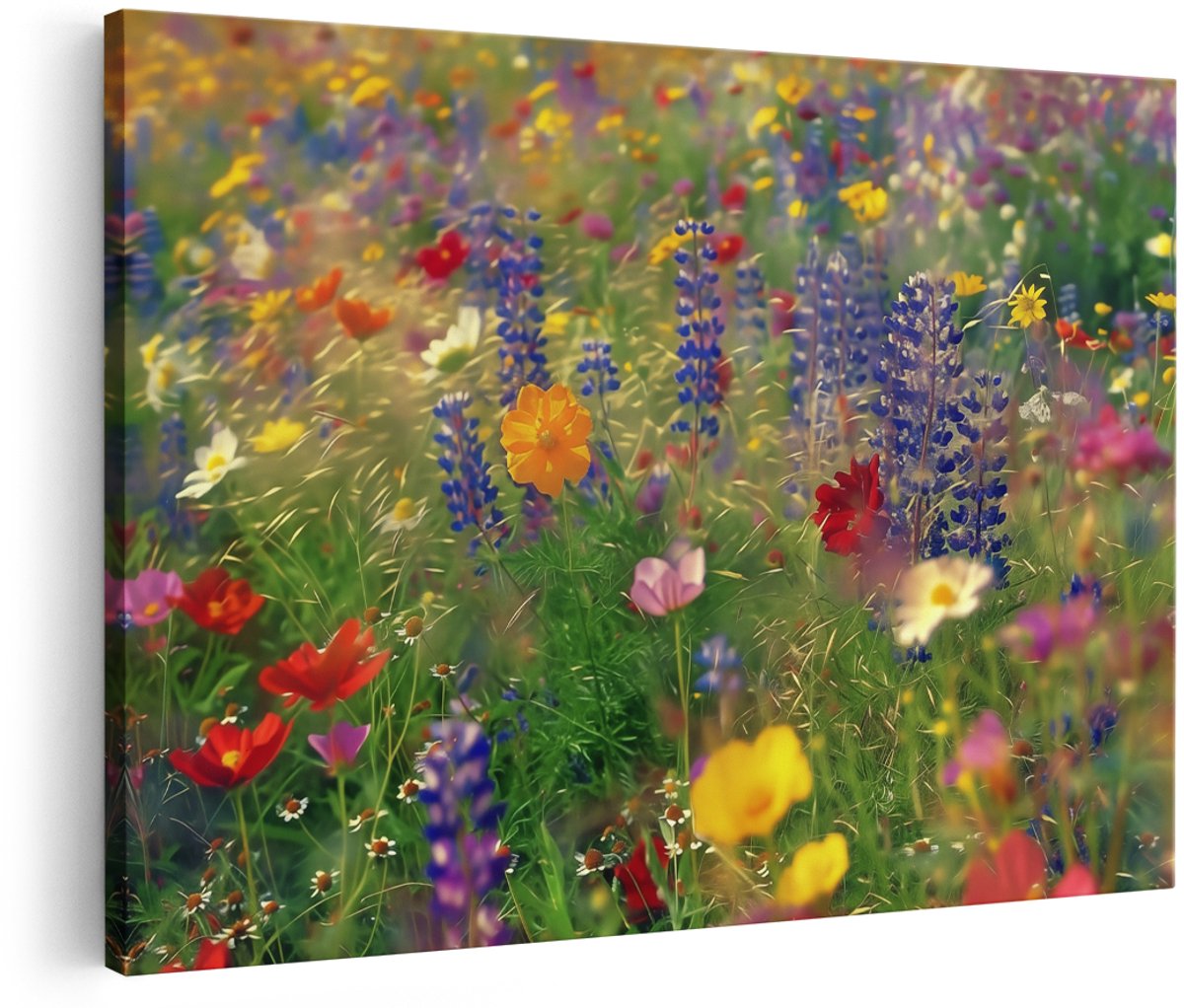 Artaza Canvas Schilderij Kleurrijke Bloemen in een Veld - 180x120 cm - Groot - Wanddecoratie Woonkamer - Schilderijen - Muurdecoratie