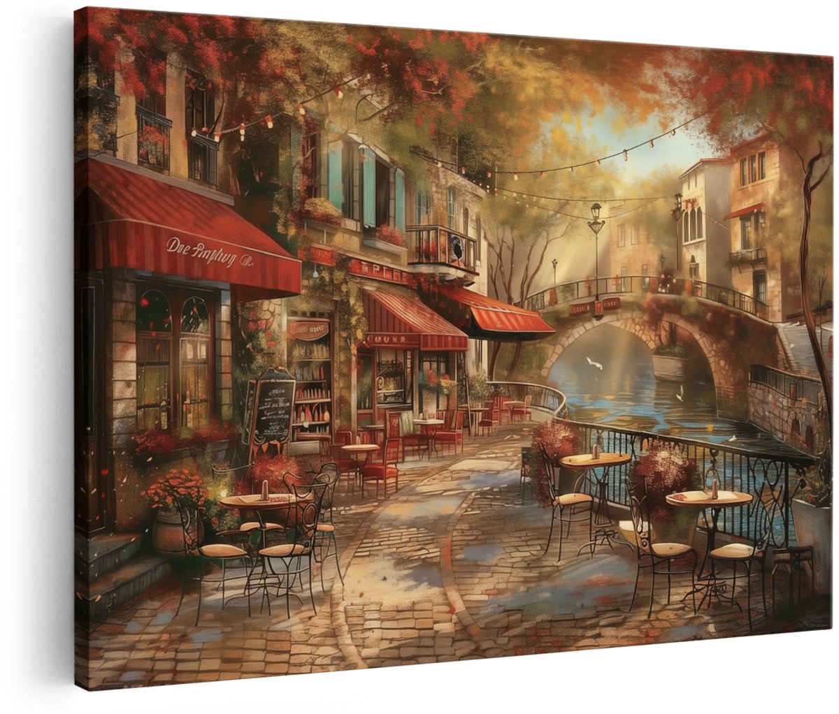 Artaza Canvas Schilderij Kunstwerk van een Café in Parijs - 180x120 cm - Groot - Wanddecoratie Woonkamer - Schilderijen - Muurdecoratie