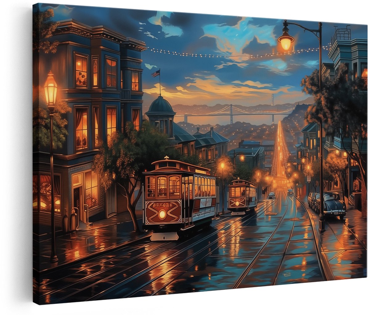 Artaza Canvas Schilderij Kunstwerk van Straatbeeld met een Kabelbaan - 180x120 cm - Groot - Wanddecoratie Woonkamer - Schilderijen - Muurdecoratie