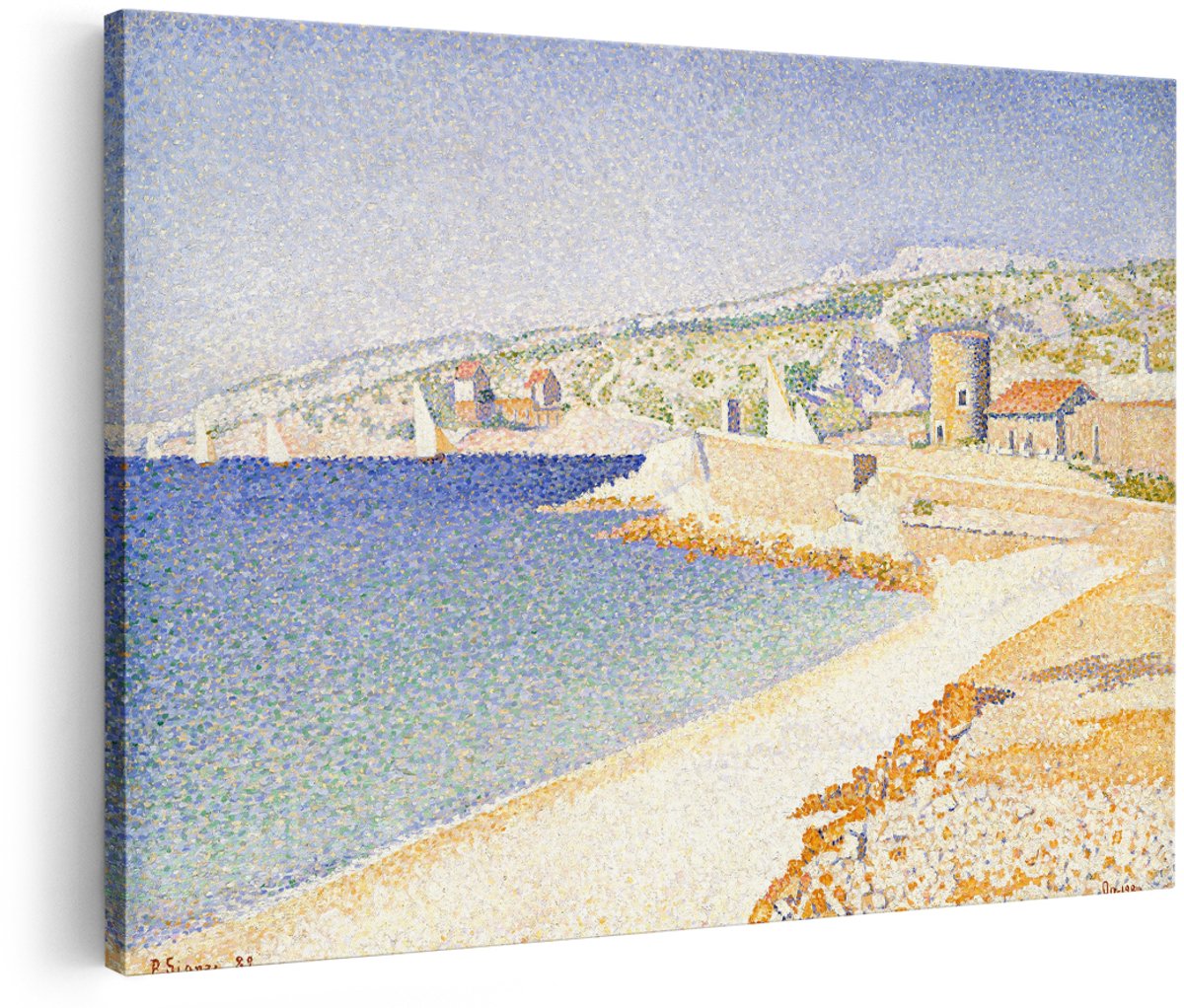 Artaza Canvas Schilderij Kustscène Signac - 180x120 cm - Groot - Wanddecoratie Zee - Muurdecoratie Pointillisme - Decoratie Zeilboten - Blauw