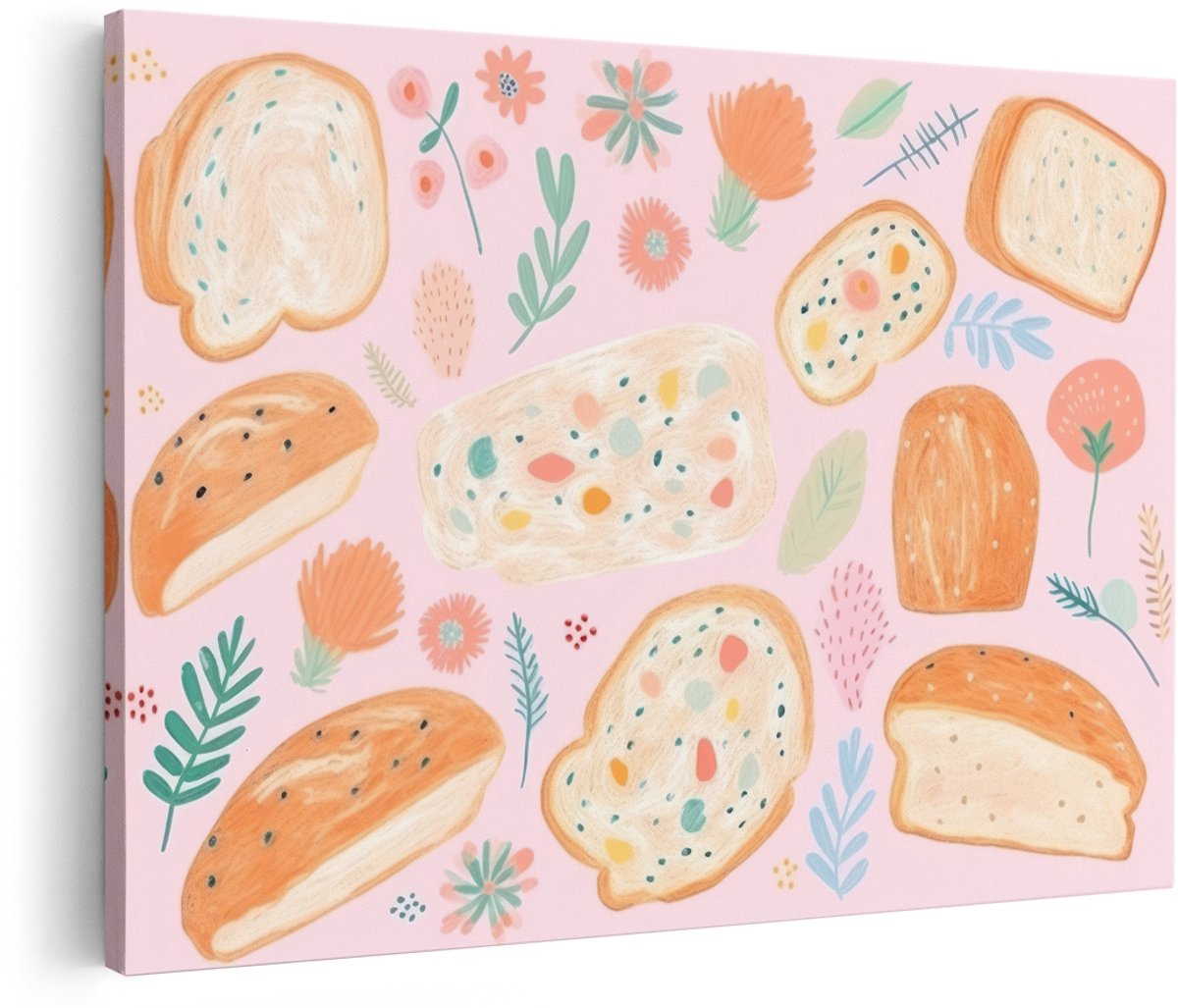 Artaza Canvas Schilderij Brood - 180x120 cm - Groot - Wanddecoratie Bloemen Illustratie - Muurdecoratie Keuken - Decoratie Kinderkamer - Roze