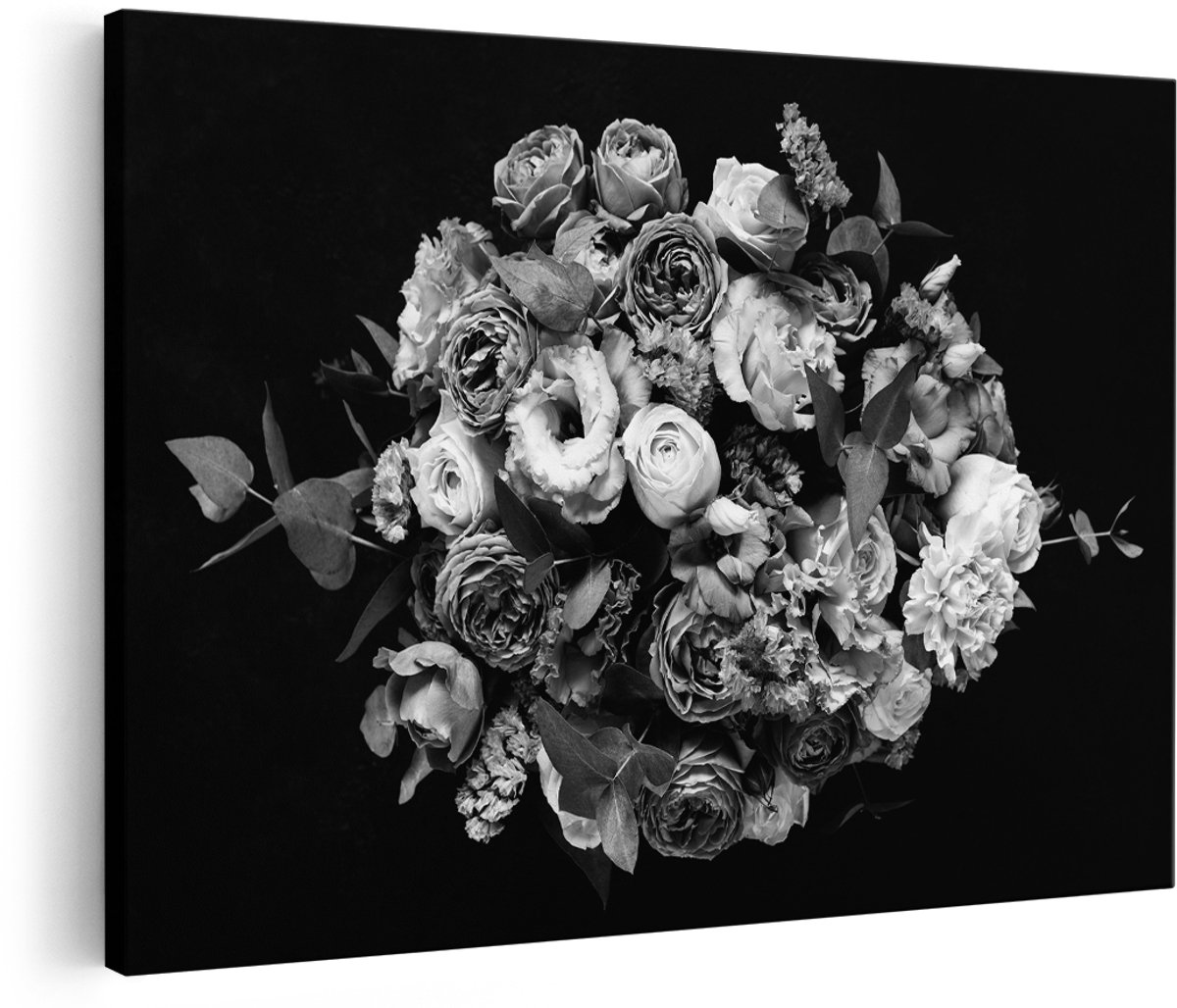 Artaza Canvas Schilderij Boeket met Verschillende Bloemen - Zwart Wit - 180x120 cm - Groot - Foto Op Canvas - Wanddecoratie Woonkamer