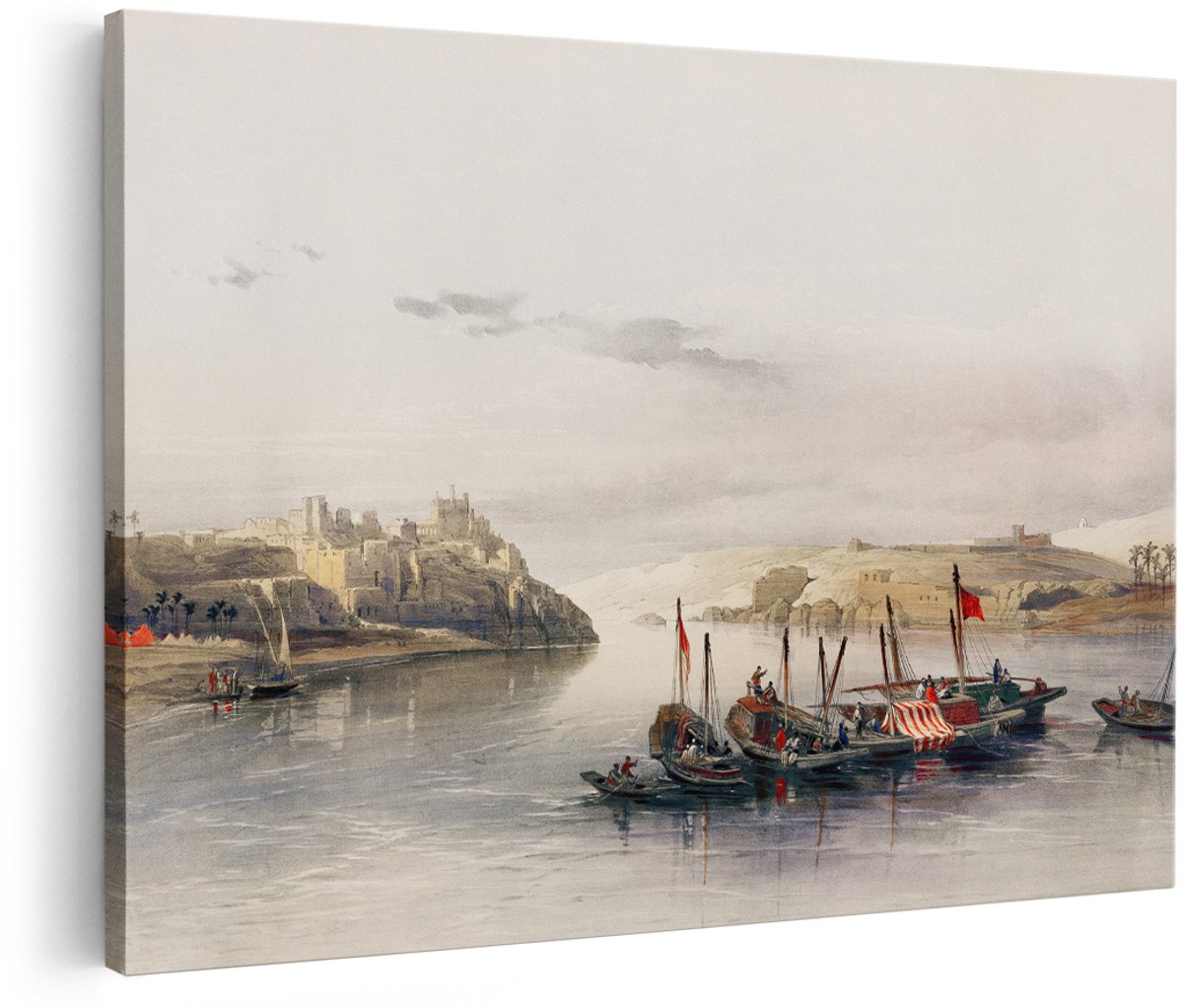 Artaza Canvas Schilderij Nijl Landschap - 180x120 cm - Groot - Wanddecoratie Egypte - Muurdecoratie Vintage Boten - Schilderijen Op Canvas Oosters