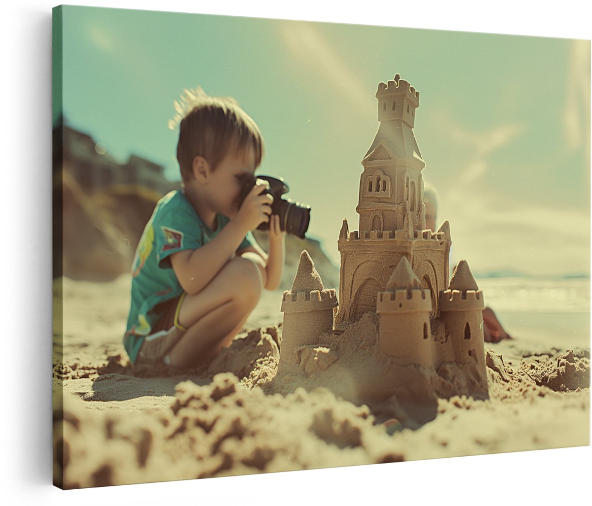 Artaza Canvas Schilderij Zandkasteel - 180x120 cm - Groot - Wanddecoratie Strand Zee - Muurdecoratie Jongenskamer - Decoratie Vintage Foto